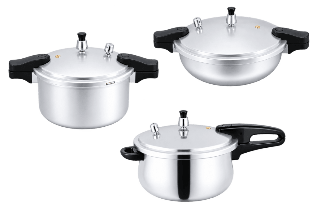 Stainless steel pressure cooker with black handle and lid for efficient cooking.