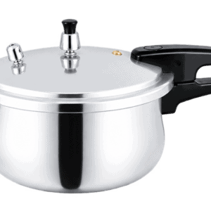 Stainless steel pressure cooker with black handle and lid for efficient cooking.