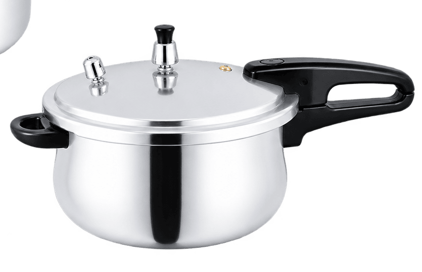 Stainless steel pressure cooker with black handle and lid for efficient cooking.